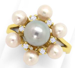 Foto 1 - Dekorativer Gold-Ring mit Zuchtperlen und Diamanten 14K, S3610